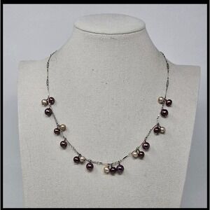 Sterling Silver Genuine Chocolate & Silver Pearl Necklace 925 Adjustable 18–20"